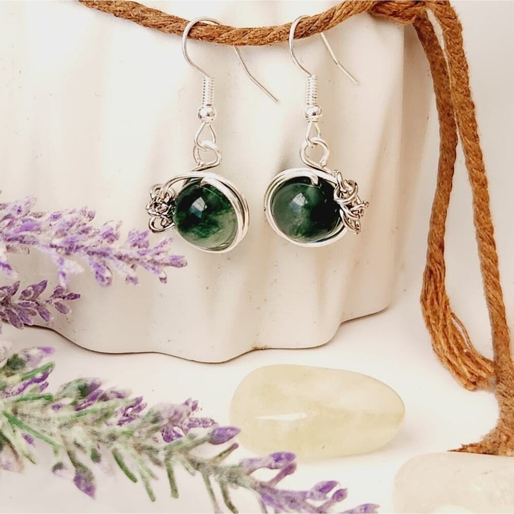 Green Natural Jade Stone Earrings, Silver Plated Wire Wrapped Earrings